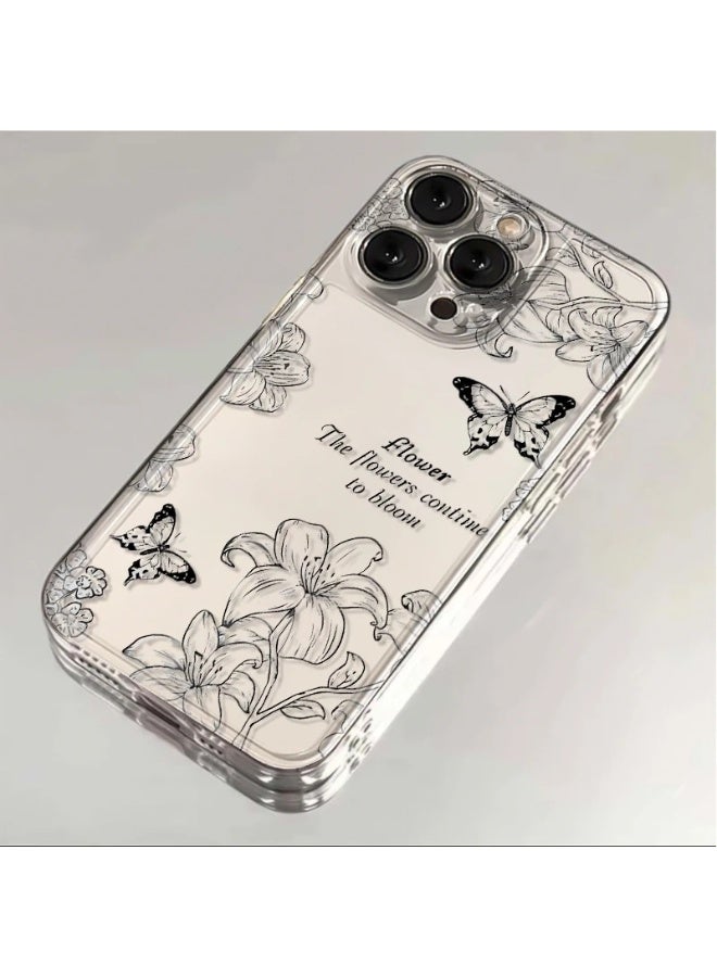NIBEMINENT Line Lily Butterfly Protective TPU Case Cover For iPhone 14 Pro Max, Clear - Image 1