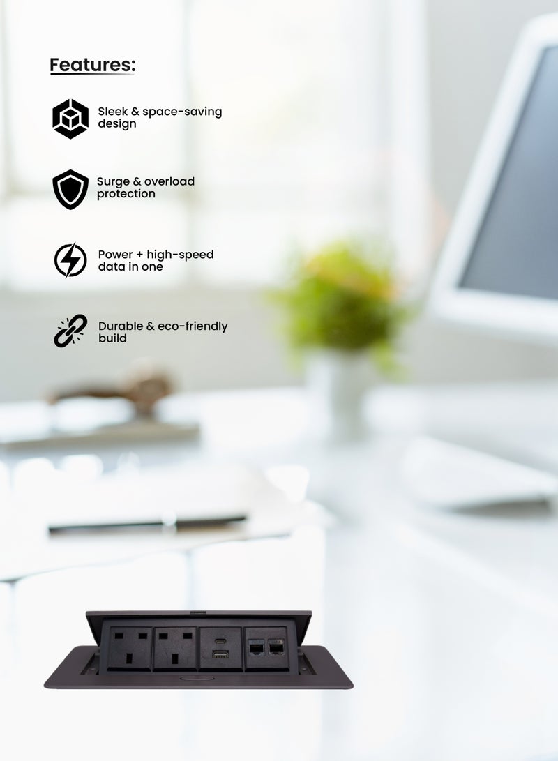 يونايتد باور قبس مكتبي فيه ٢ فيش بريطاني، ومنفذين شبكة CAT6A، ومنفذ USB واحد، ومنفذ Type-C واحد. مناسب لمكاتب العمل وغرف الاجتماعات، يعطيك سهولة في توصيل الكهربا والشبكة بكل راحة. - Image 3