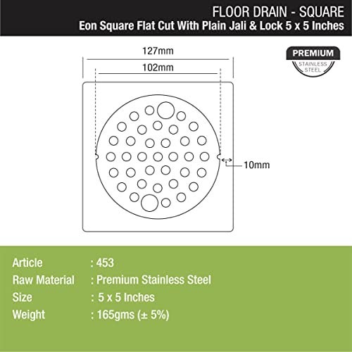 LIPKA Eon Square Flat Cut with Plain Jali Floor Drain |Premium Stainless Steel |5 x 5 Inches| with Lock| - Image 2