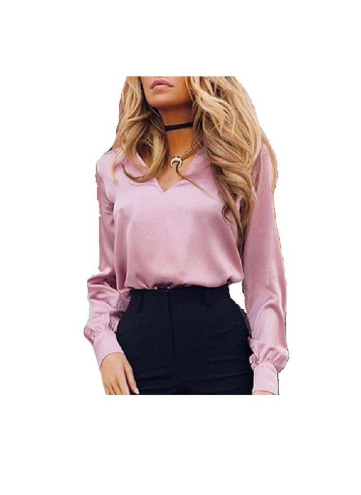 Generic - Women Satin Tank Tops Dressy Casual V Neck Summer Long Sleeve Silk Blouse Shirts - Image 1