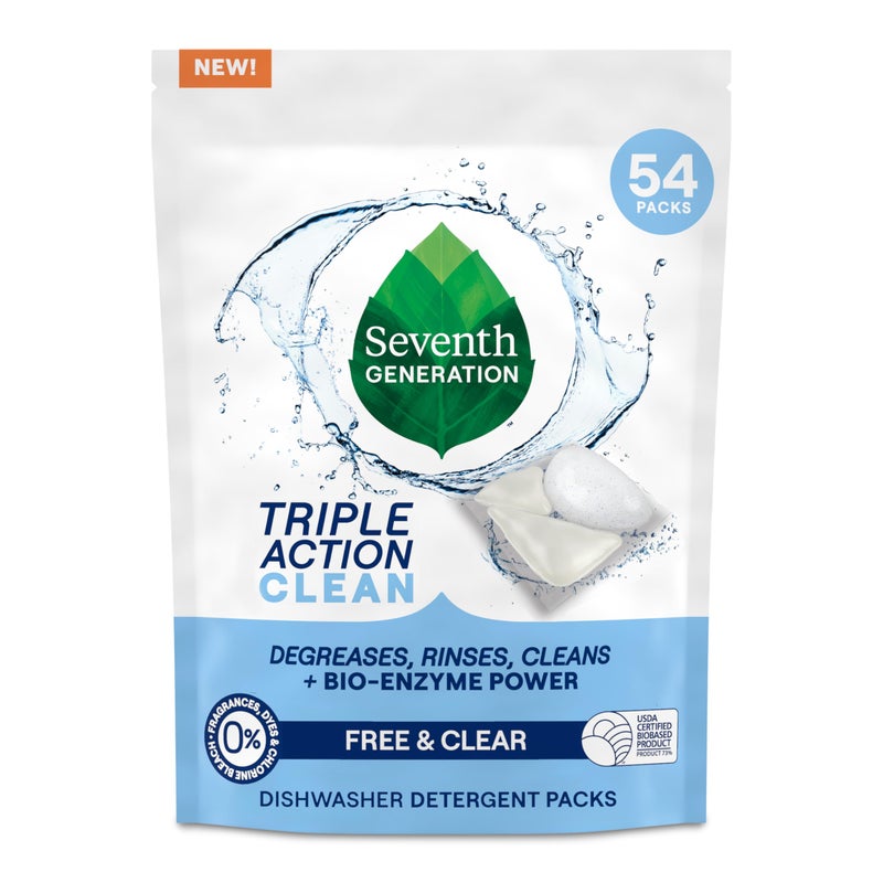 Seventh Generation Triple Action Clean Automatic Dishwasher Detergent Packs with Bio-Enzyme Power, Free & Clear, Fights 48-hour Stuck-on Food, 54 count - Image 1