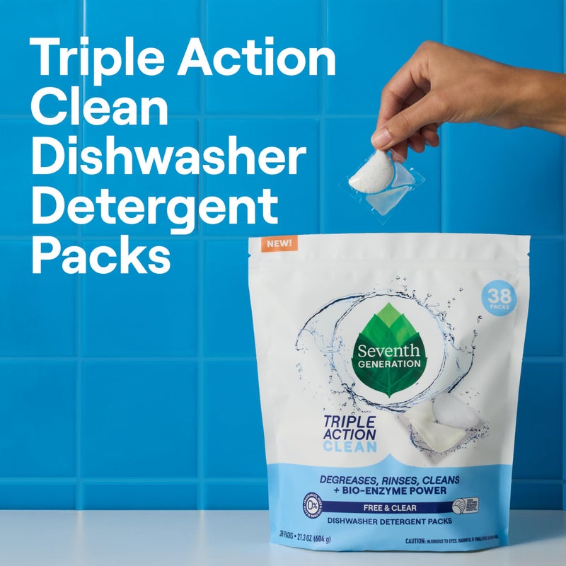 Seventh Generation Triple Action Clean Automatic Dishwasher Detergent Packs with Bio-Enzyme Power, Free & Clear, Fights 48-hour Stuck-on Food, 54 count - Image 5