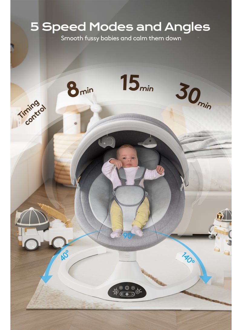 بيبيومي هزاز للرضع | أرجوحة أطفال حديثي الولادة، 5 سرعات تأرجح و10 تهويدات، تحكم عن بُعد وبلوتوث، مناسب من الولادة حتى 12 شهرًا (2–9 كجم)، لون رمادي - Image 5