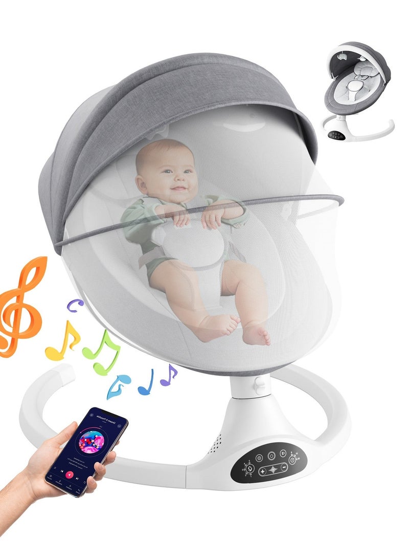 بيبيومي هزاز للرضع | أرجوحة أطفال حديثي الولادة، 5 سرعات تأرجح و10 تهويدات، تحكم عن بُعد وبلوتوث، مناسب من الولادة حتى 12 شهرًا (2–9 كجم)، لون رمادي - Image 2