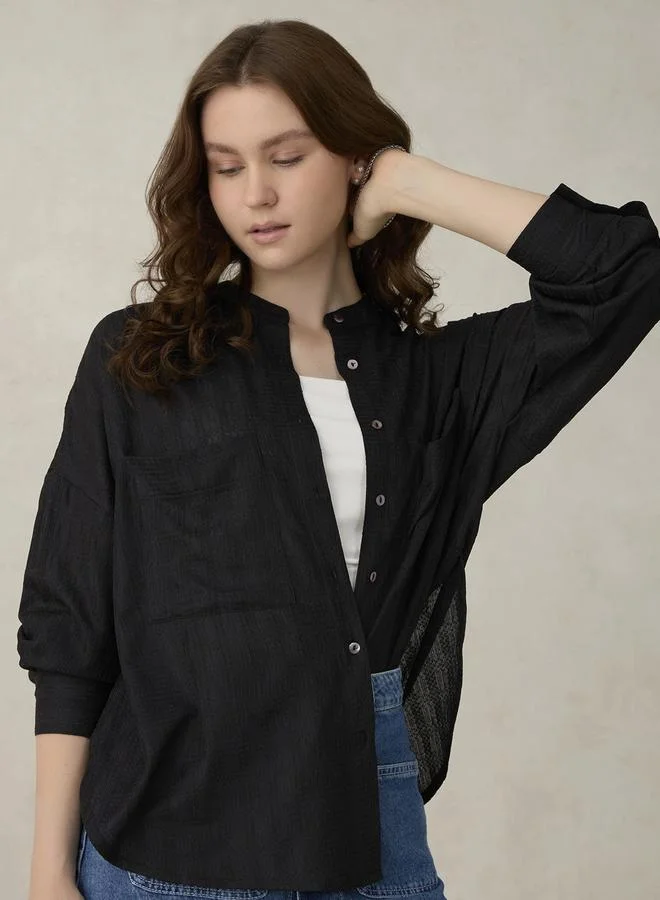 OUTZIDR Black Textured Solid Shirt