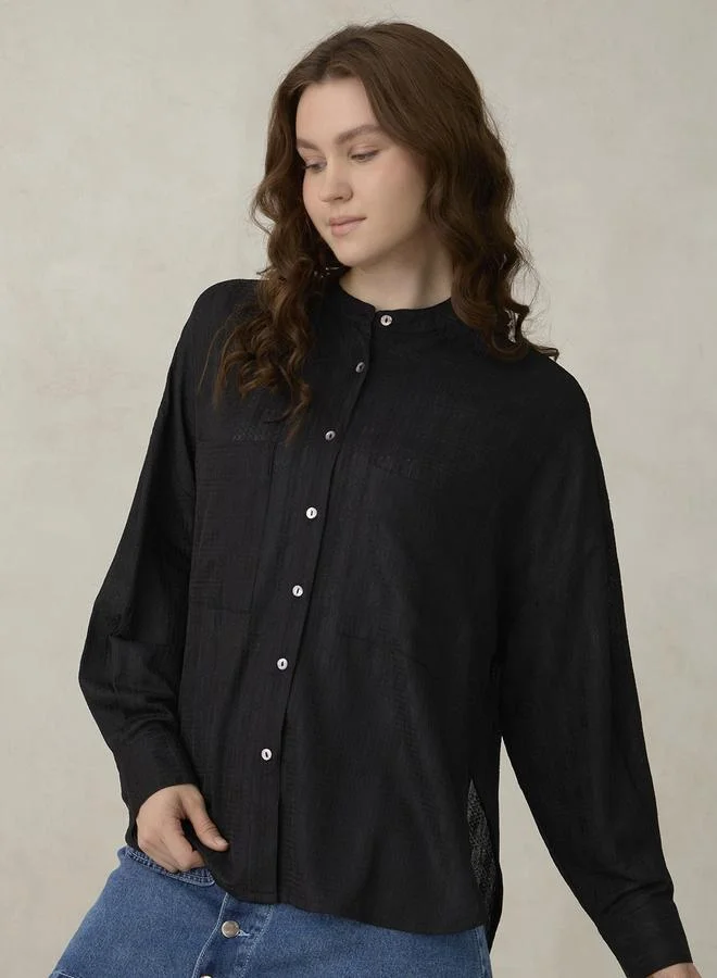 OUTZIDR Black Textured Solid Shirt