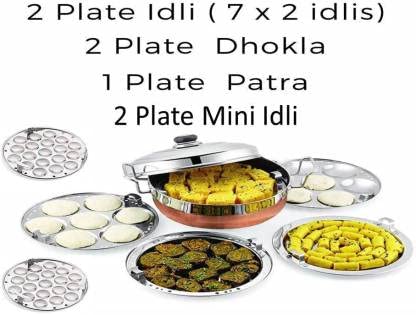 Bigbought AllinOne Stainless Steel Idli Cooker Kadai Steamer with Copper Bottom Big Size with 7 Plates 2Idli 2 Dhokla 1 Patra 2 Mini idli plate Induction Standard Idli Maker 7 Plates14 Idlis - Image 4
