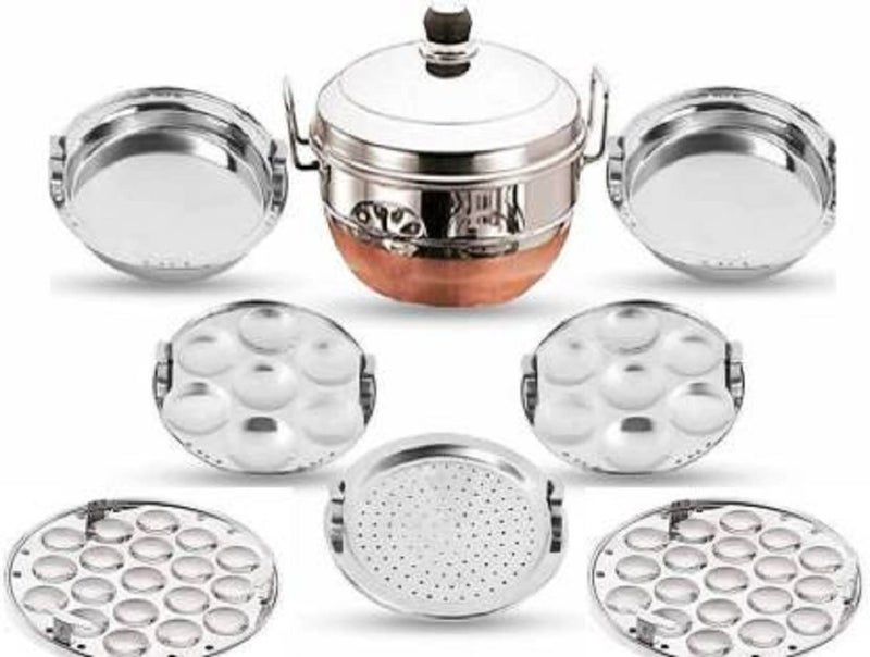 Bigbought AllinOne Stainless Steel Idli Cooker Kadai Steamer with Copper Bottom Big Size with 7 Plates 2Idli 2 Dhokla 1 Patra 2 Mini idli plate Induction Standard Idli Maker 7 Plates14 Idlis - Image 1