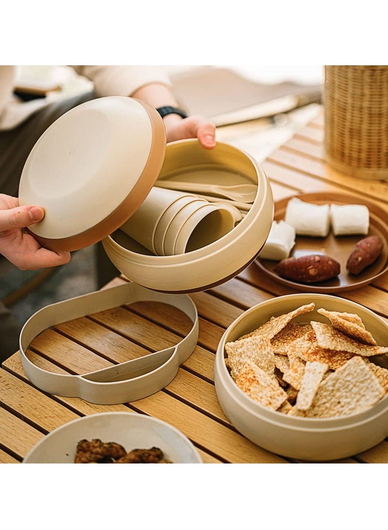 Y&D Camping Picnic Dishes Set Dishwasher Microwave Safe Set(17PCS) Portable Plastic Reusable Cutlery for RV Kitchen Great Kids & Adults(Beige) - Image 5