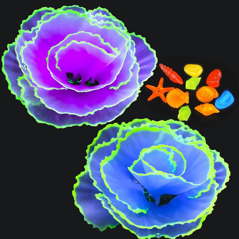 Livfodrm Glowing Fish Tank Decorations Glow Aquarium Decor Coral Ornaments 2pcs Silicone Flower Plants and 10pcs Colourful Sea ShellsLuminous Stone Glow in The Dark for Aquarium Decoration