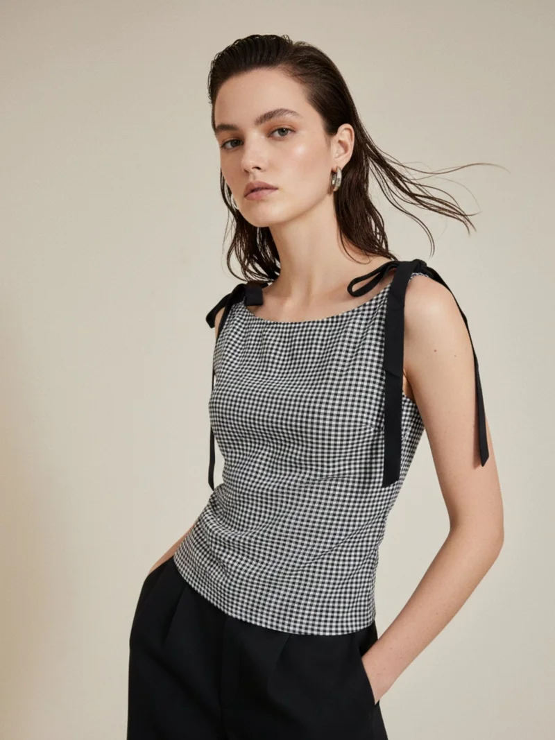 OUTZIDR Black Boat Neck Ghingham Knotted Bow Top