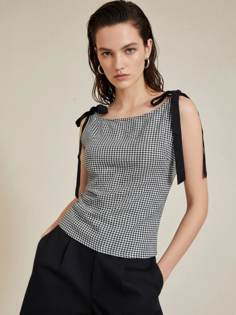 OUTZIDR Black Boat Neck Ghingham Knotted Bow Top