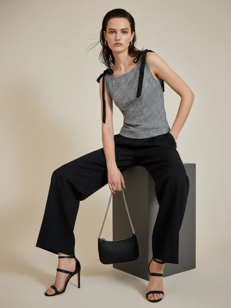 Outzidr  Black Boat Neck Ghingham Knotted Bow Top for Women | Best Price UAE