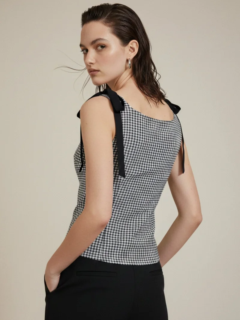 Outzidr  Black Boat Neck Ghingham Knotted Bow Top for Women | Best Price UAE