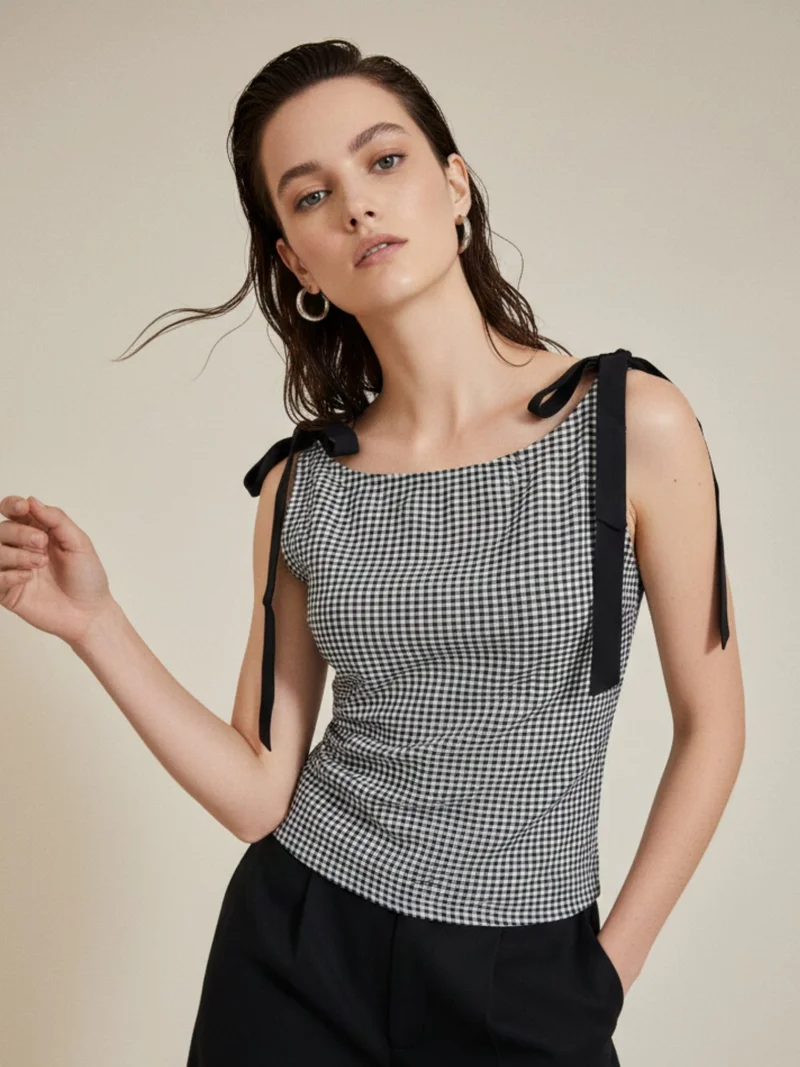 Outzidr  Black Boat Neck Ghingham Knotted Bow Top for Women | Best Price UAE