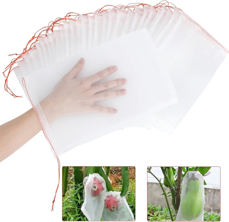 Kikhope 50 Pcs Fruit Protection Bags, 12"x8" Fruit Netting Bags, Garden Netting Bags with Drawstring, Fruit Tree Bags, Netting Barrier Bags for Protecting Fruits and Vegetables - Image 1