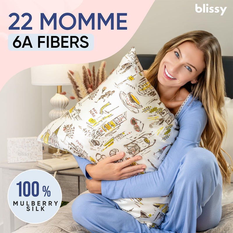 Blissy Silk Pillowcase - 100% Pure Mulberry Silk - 22 Momme 6A High-Grade Fibers - Silk Pillow Cover for Hair & Skin - Regular, Queen & King (Nicole Miller - NY to Paris, King) - Image 2