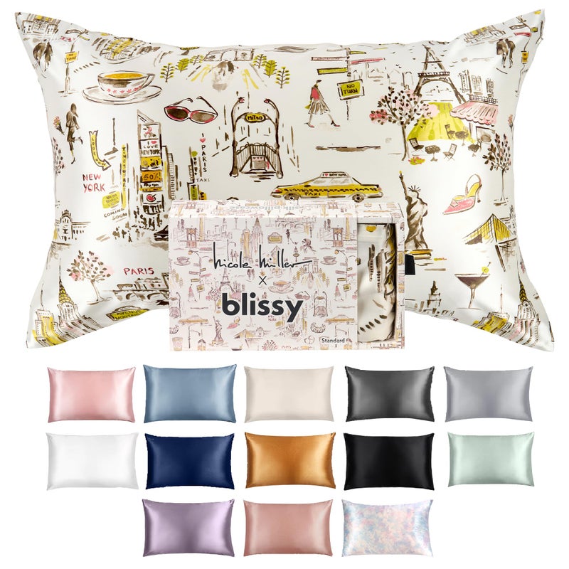 Blissy Silk Pillowcase - 100% Pure Mulberry Silk - 22 Momme 6A High-Grade Fibers - Silk Pillow Cover for Hair & Skin - Regular, Queen & King (Nicole Miller - NY to Paris, King) - Image 1