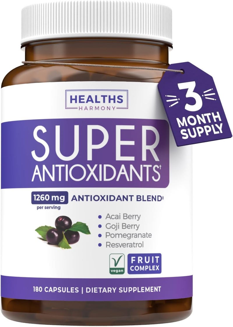 Healths Harmony Super Antioxidants Supplement  Powerful Super Food Antioxidant Daily Blend  Acai Berry Goji Pomegranate  Trans Resveratrol  Herbal and Fruit Formula For Women and Men  Skin Care  180 Capsules - Image 1