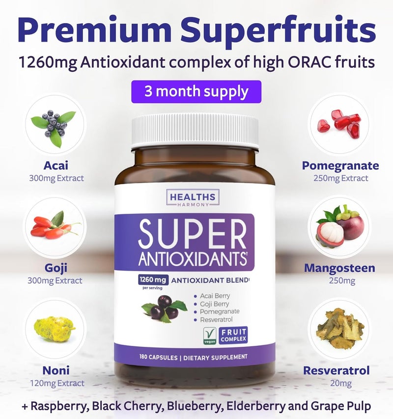 Healths Harmony Super Antioxidants Supplement  Powerful Super Food Antioxidant Daily Blend  Acai Berry Goji Pomegranate  Trans Resveratrol  Herbal and Fruit Formula For Women and Men  Skin Care  180 Capsules - Image 2