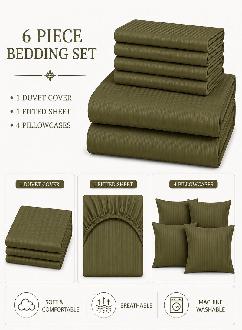Aristocrat 6-Piece Stripe Microfiber Duvet Cover Set | Queen | Includes 1 Duvet Cover (220x240cm), 1 Deep Pocket Fitted Sheet (180x200+30cm) & 4 Pillowcases (53x75+15cm) | Ultra Soft, Breathable & Wrinkle Resistant | olive - Image 2