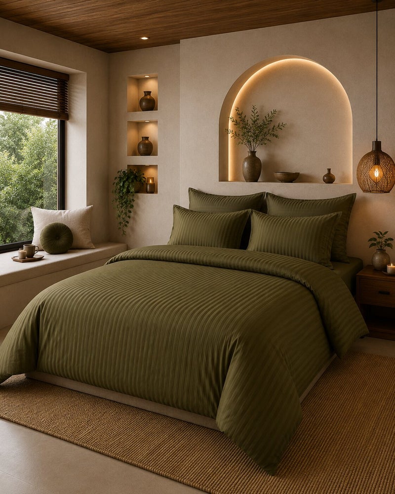 Aristocrat 6-Piece Stripe Microfiber Duvet Cover Set | Queen | Includes 1 Duvet Cover (220x240cm), 1 Deep Pocket Fitted Sheet (180x200+30cm) & 4 Pillowcases (53x75+15cm) | Ultra Soft, Breathable & Wrinkle Resistant | olive - Image 1