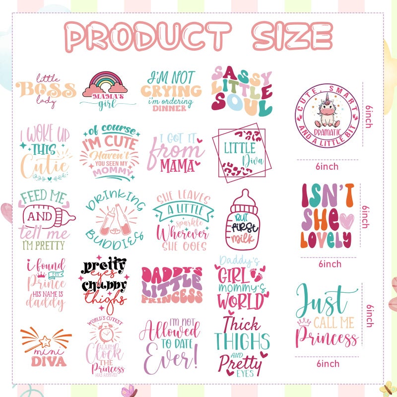 Dazoratix Baby Iron on Patches - 23 Sheets Pink Ready to Press Heat Transfer Stickers Cute Bodysuit Transfers DIY Onesie Decorating Kit for Shower Games Girl Gender Reveal Party T-Shirts Hat Clothing - Image 3