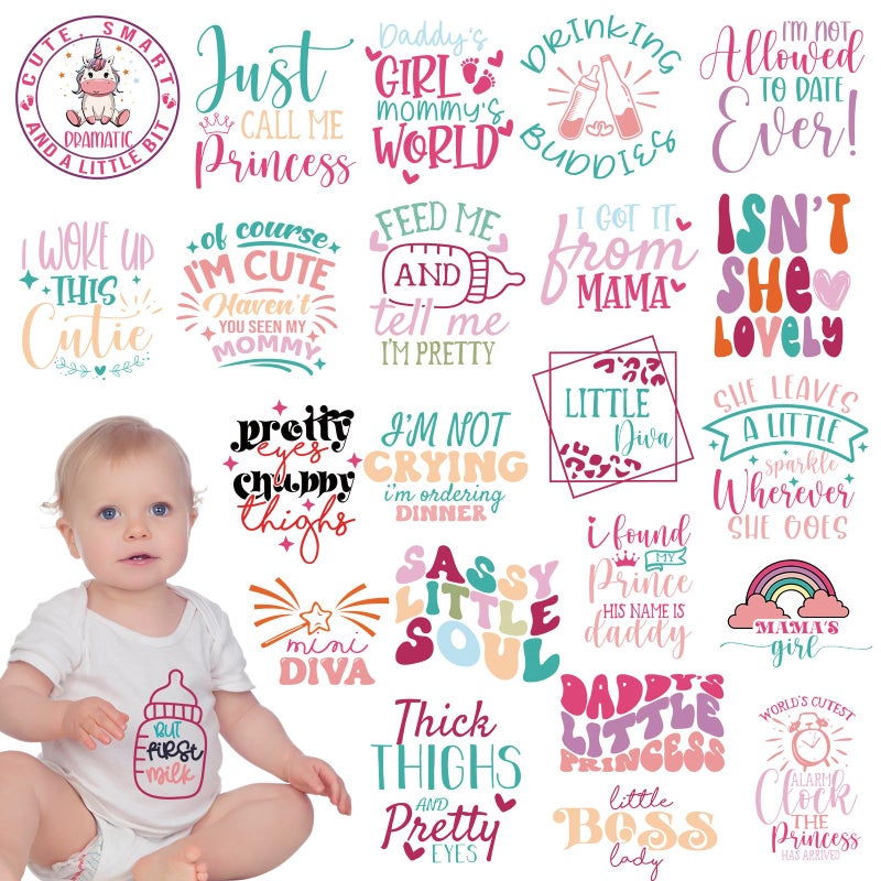 Dazoratix Baby Iron on Patches - 23 Sheets Pink Ready to Press Heat Transfer Stickers Cute Bodysuit Transfers DIY Onesie Decorating Kit for Shower Games Girl Gender Reveal Party T-Shirts Hat Clothing - Image 1