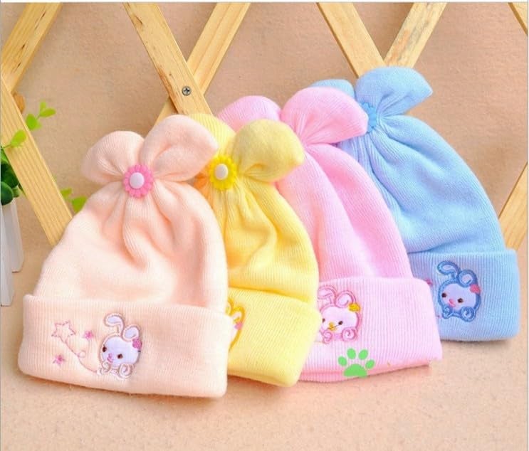 RR DESIGN Baby Beanie Caps with Rabbit Design, Soft Knit Winter Hats for Newborns, 4-Pack, Pastel Colours Red - Image 2