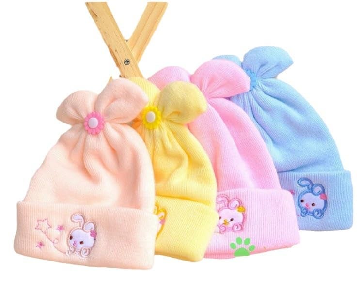 RR DESIGN Baby Beanie Caps with Rabbit Design, Soft Knit Winter Hats for Newborns, 4-Pack, Pastel Colours Red - Image 1
