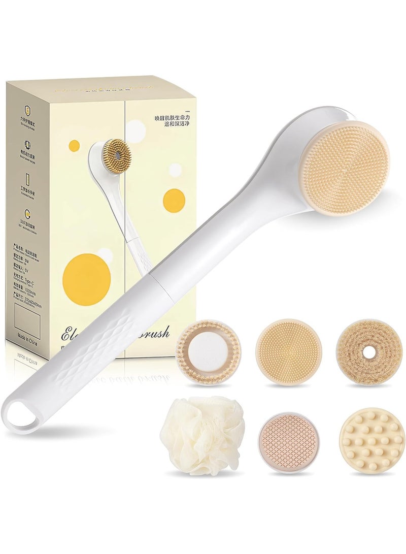 Electric Body Brush Rechargeable Back Scrubber for Shower Exfoliating Bath Brush Long Handle for Shower Lotion Applicator for Back Silicone Body Scrubber with 6 Shower Brush Heads - Image 5