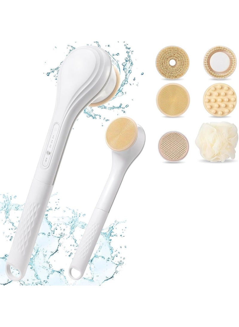 Electric Body Brush Rechargeable Back Scrubber for Shower Exfoliating Bath Brush Long Handle for Shower Lotion Applicator for Back Silicone Body Scrubber with 6 Shower Brush Heads - Image 1