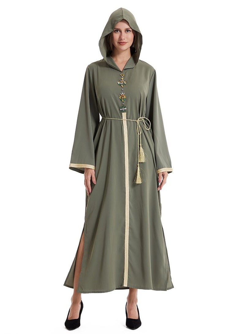 Loquat Lady's Hooded Long Dress Long Sleeve Abaya Thobe Robe Army Green  - Image 1