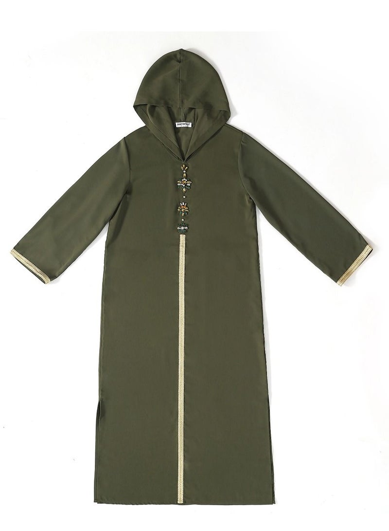 Loquat Lady's Hooded Long Dress Long Sleeve Abaya Thobe Robe Army Green  - Image 3