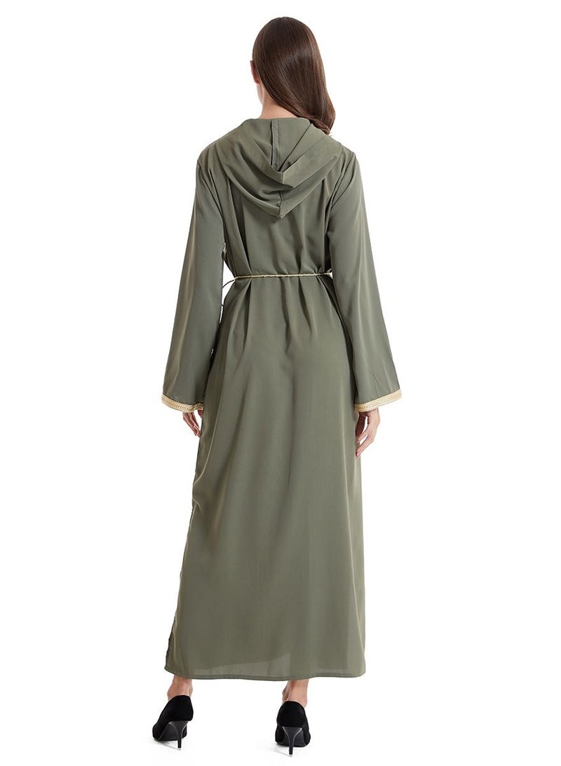 Loquat Lady's Hooded Long Dress Long Sleeve Abaya Thobe Robe Army Green  - Image 2