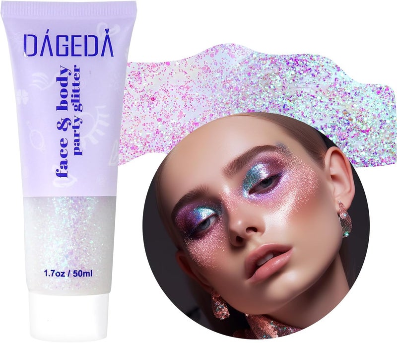 DAGEDA Body Glitter Gel, Holographic Face Glitters Body Gel Shimmer Liquid Eyeshadow, Color Changing Glitter for Face Hair Nails, Glitter Under Light Festival Glitter Makeup 1.7oz (Neno Pink)