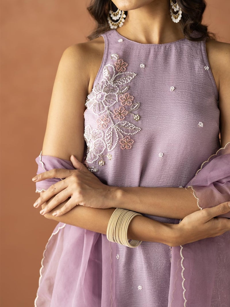 FIORRA Women Lavender Crush Organza Hand-Worked Straight Kurta Set with Dupatta SET0223 - Image 5