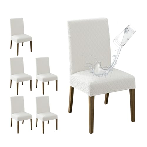 MOSAYT 100 Waterproof Dining Room Chair Covers Set of 6 Super Fit Stretch Jacquard Parson Chairs Slipcovers Removable Washable Chair Seat Protectors for Home Kitchen Banquet White - Image 1
