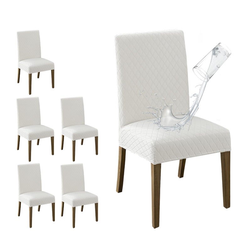 MOSAYT 100 Waterproof Dining Room Chair Covers Set of 6 Super Fit Stretch Jacquard Parson Chairs Slipcovers Removable Washable Chair Seat Protectors for Home Kitchen Banquet White - Image 2