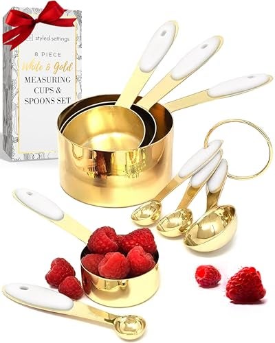 White and Gold Measuring Cups and Spoons Set  8Piece Stackable Stainless Steel Measuring Set  Stylish Gold Kitchen Accessories for Precise Baking and Cooking Ideal Gift for Bakers and Chefs