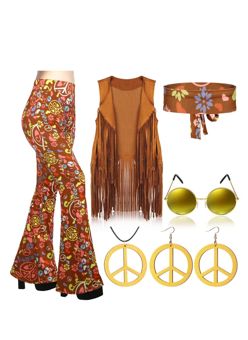 SYOSI 7 Pcs 60s 70s Outfits for Women Hippie Costume Set Boho Flared Pants Fringe Vest, Necklaces Earrings Sunglasses Headband Pins Accessories Set  - Image 1