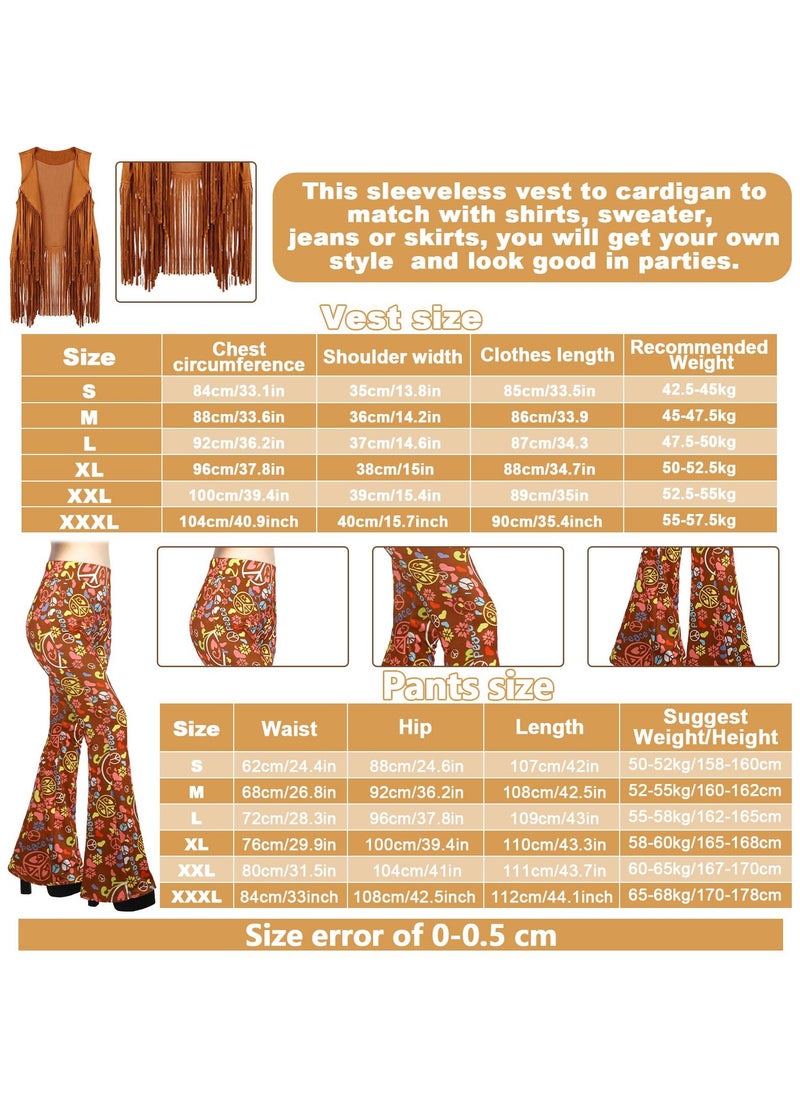 SYOSI 7 Pcs 60s 70s Outfits for Women Hippie Costume Set Boho Flared Pants Fringe Vest, Necklaces Earrings Sunglasses Headband Pins Accessories Set  - Image 3