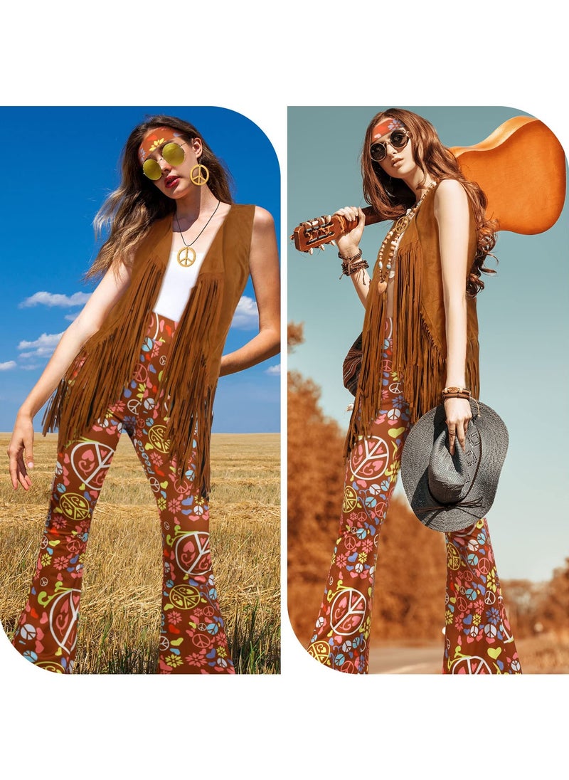 SYOSI 7 Pcs 60s 70s Outfits for Women Hippie Costume Set Boho Flared Pants Fringe Vest, Necklaces Earrings Sunglasses Headband Pins Accessories Set  - Image 5