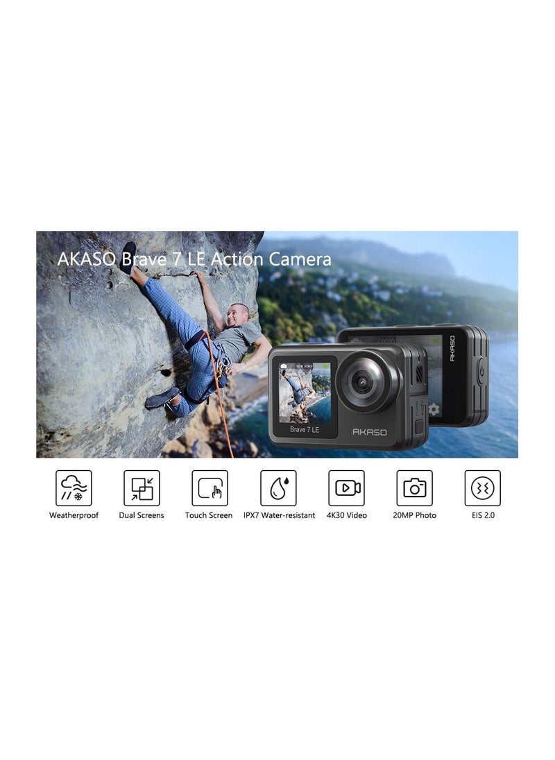 Akaso - AKASO Brave 7 LE 4K30FPS 20MP WiFi Action Camera with Touch Screen Vlog Camera EIS 2.0 Remote Control 131 Feet Underwater Camera with 2X 1350mAh Batteries Support External Microphone - Image 1