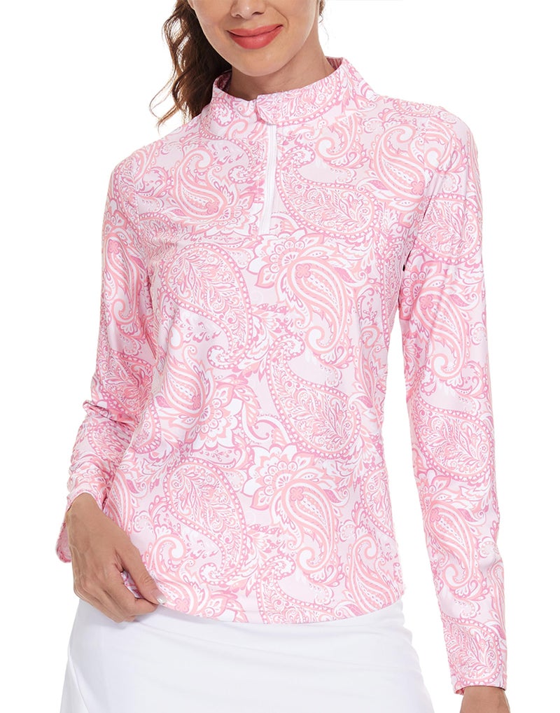 M MOTEEPI Womens Golf Shirt Long Sleeve Quarter Zip Pullover Athletic Collared Sun Shirts with Pockets Quick Dry Crystal Pink Medium - Image 1