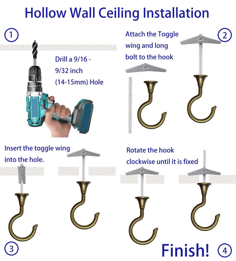 Evsteluo Large Swag Hooks For Ceiling - Heavy Duty Hooks For Hanging Plants And Chandeliers  Ideal For Cavity Wall Fixing And Ceiling Installation (4  Antique Brass) - Image 5
