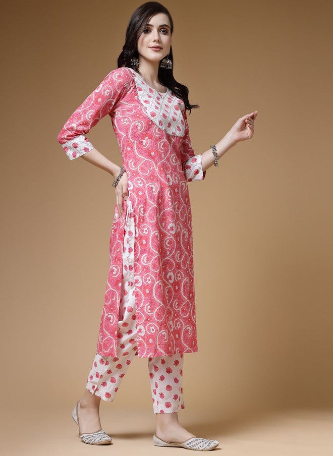 Indibelle Floral Printed Keyhole Neck Cotton Straight Kurta - Image 3