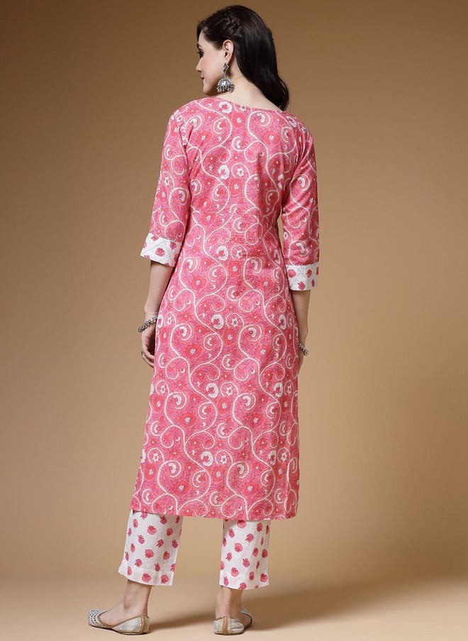 Indibelle Floral Printed Keyhole Neck Cotton Straight Kurta - Image 5
