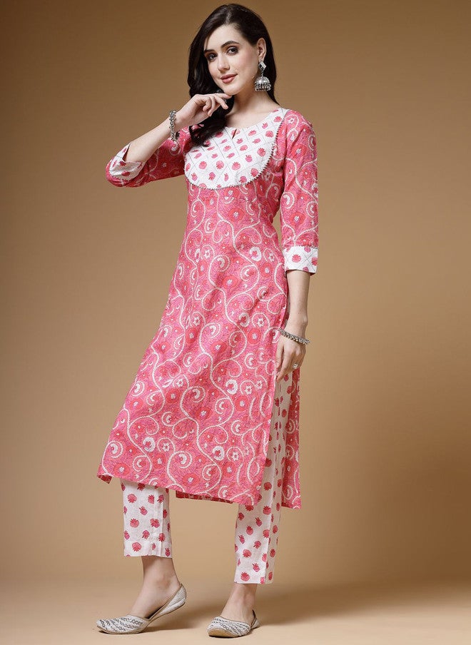 Indibelle Floral Printed Keyhole Neck Cotton Straight Kurta - Image 4