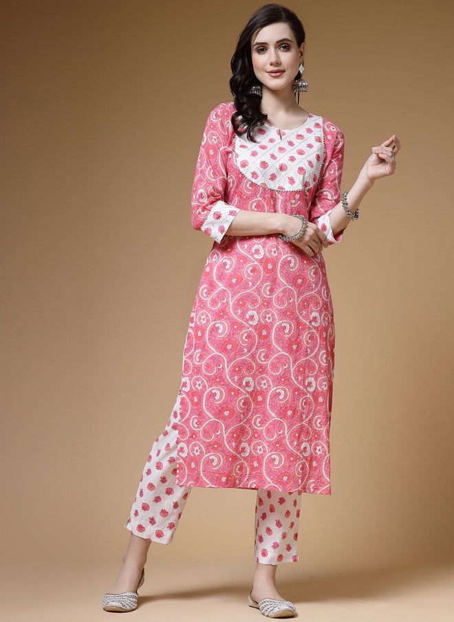 Indibelle Floral Printed Keyhole Neck Cotton Straight Kurta - Image 1